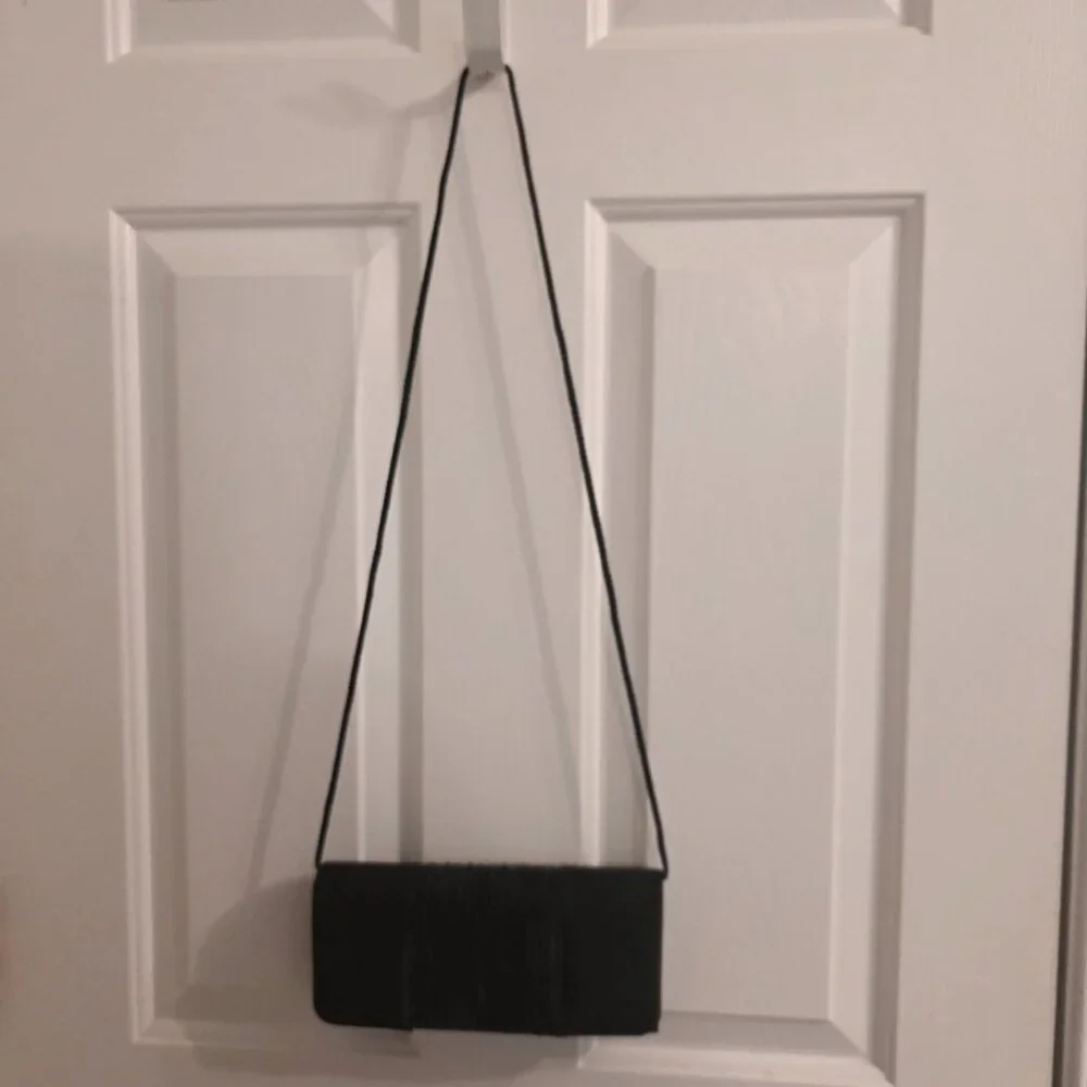 Black Satin Beaded Clutch Evening Bag Crossbody Formal - Picture 8 of 12